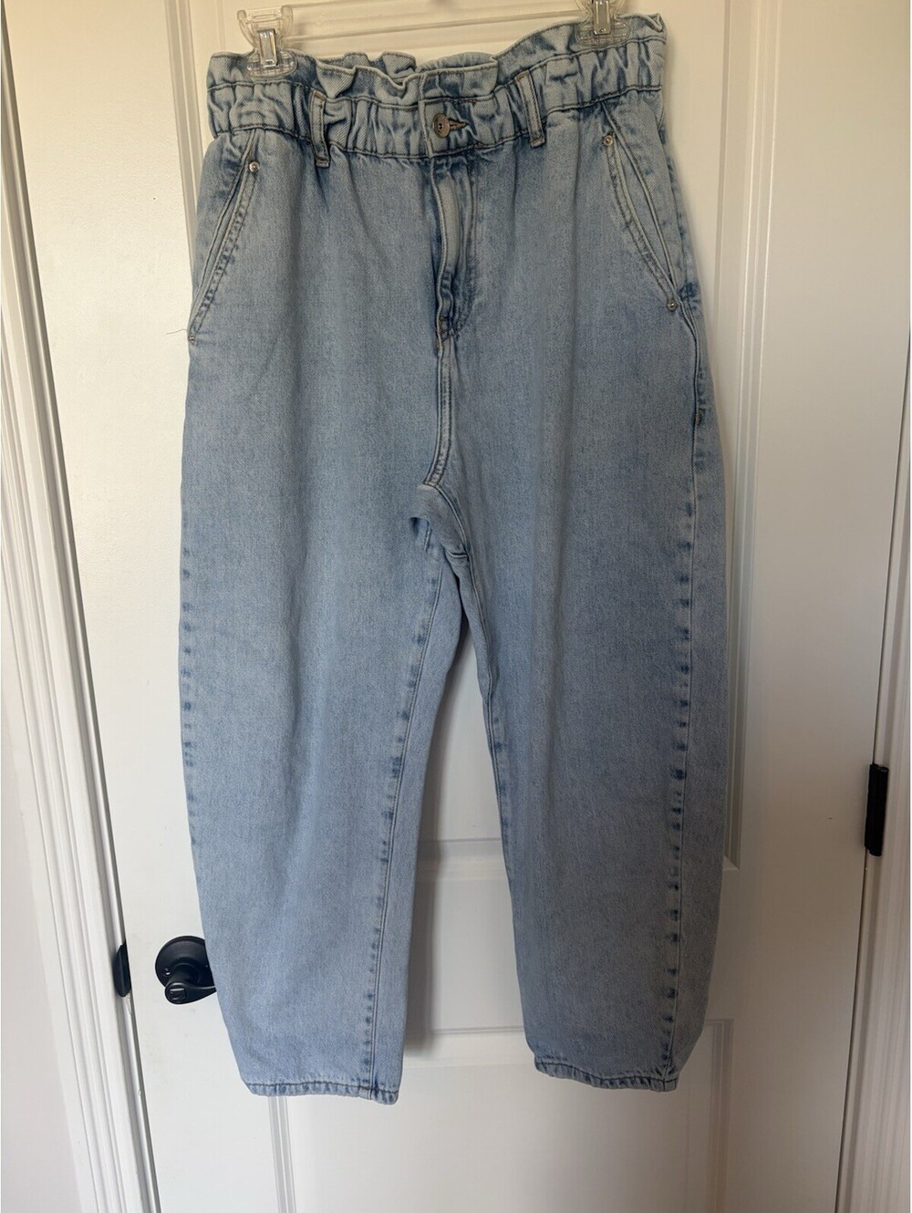 Zara Baggy Jeans Womens 8 Blue Denim Paper Bag Waist High Rise Comfort Pockets